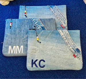 Custom Upcycled Levi Monogrammed Clutch with Bead Detail