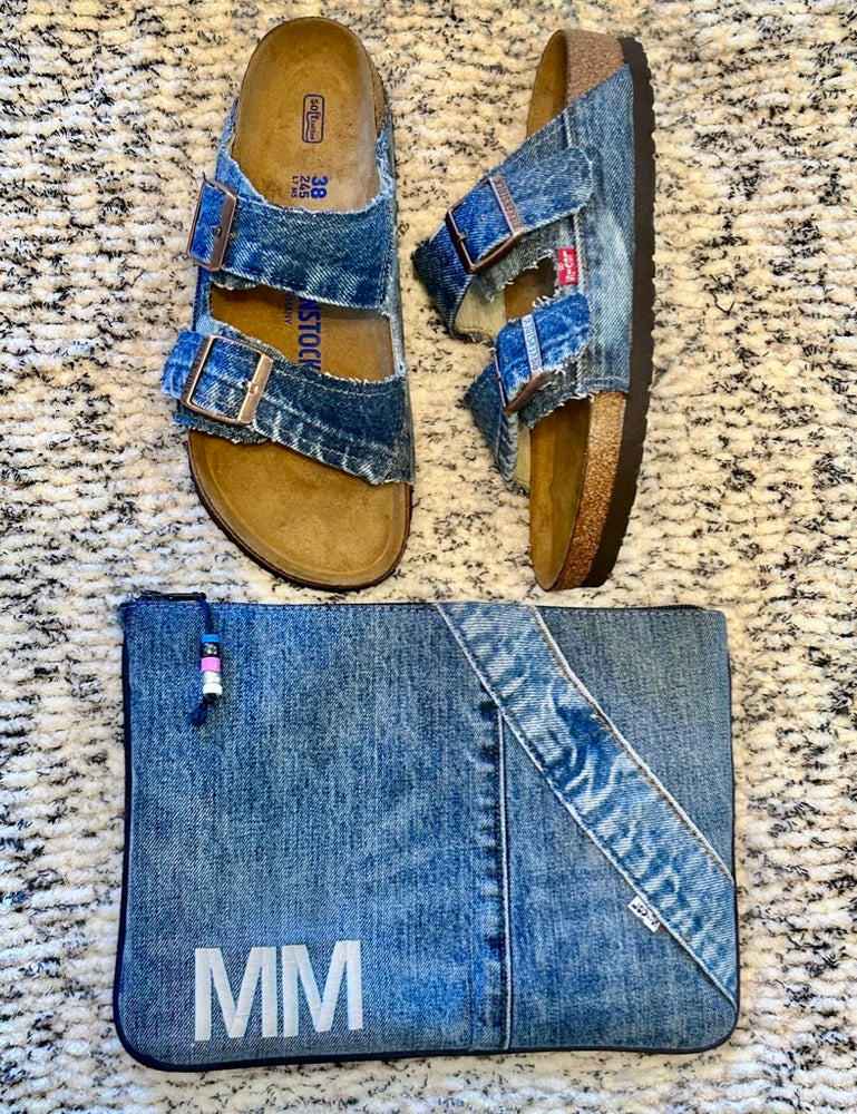 Custom Upcycled Levi Monogrammed Clutch with Bead Detail